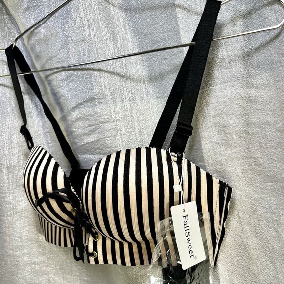RETRO Bras Brassiere Women 32B Push Up Pads Unlined Pink/Blk Striped Convertable - Picture 3 of 16